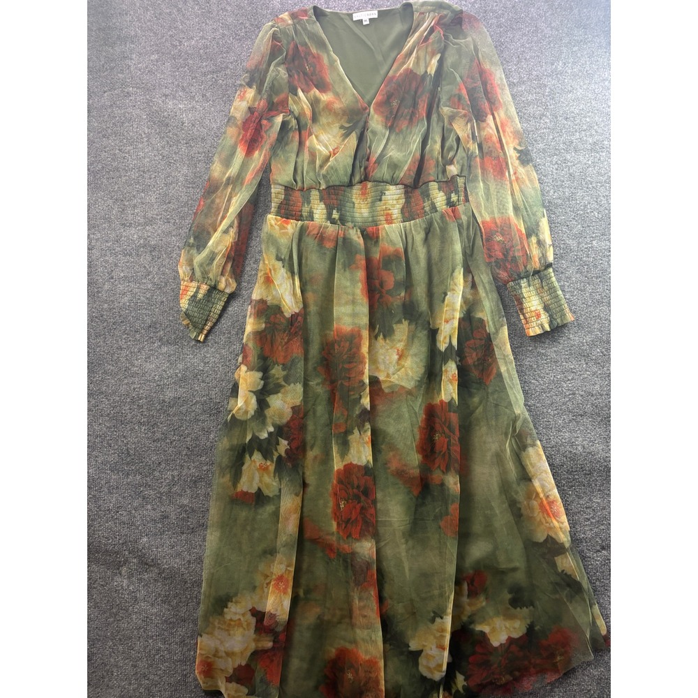 Baltic Born Maxi Dress Women 1XL Olive Green Floral Mesh Smocked V-Neck Long Slv